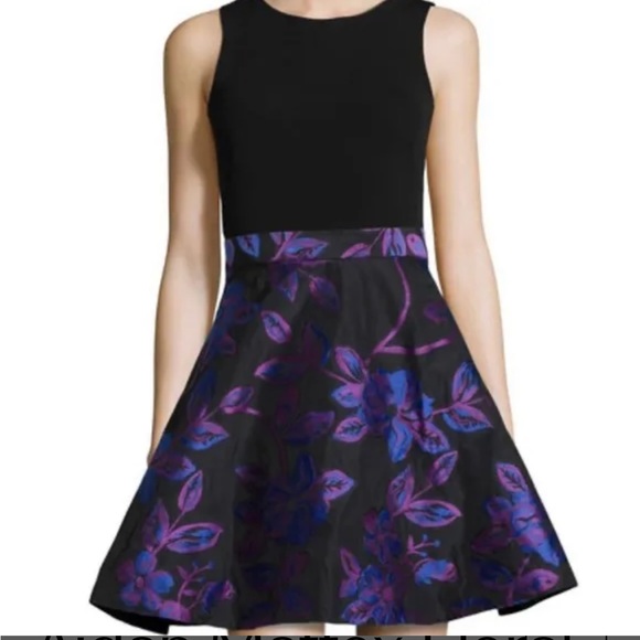Aidan Mattox Black & Purple Woven Jacquard Floral Cutout Fit & Flare Dress - 4 - Picture 2 of 14